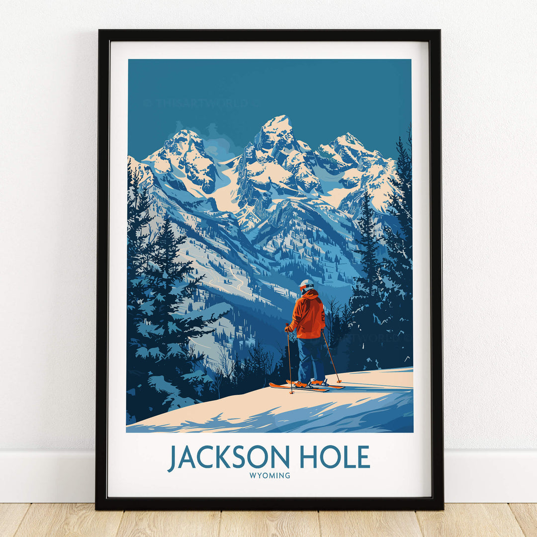 Jackson Hole Wall Art - Wyoming showcasing a skier against snow-capped mountains, perfect for adventure decor.