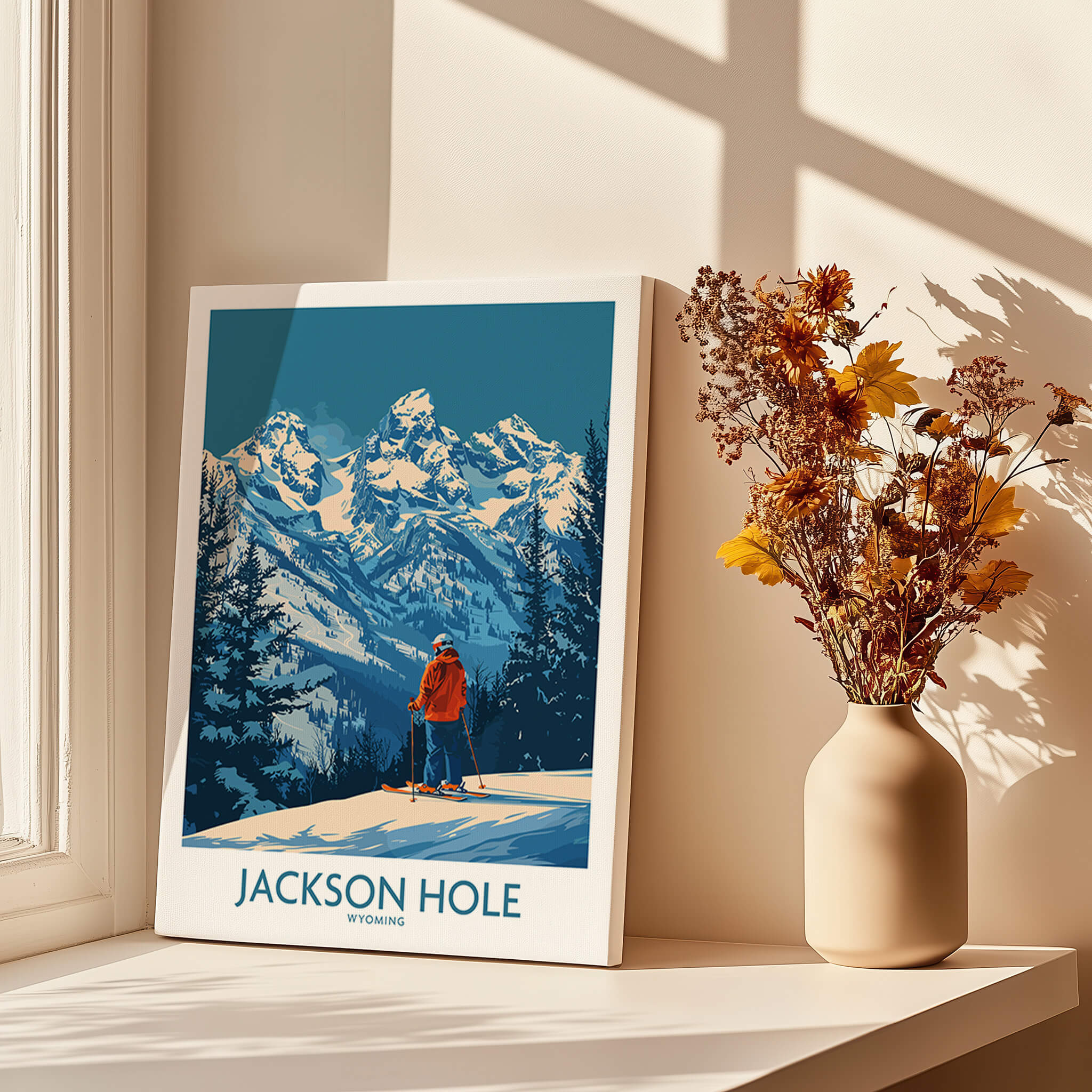 Jackson Hole Wall Art - Wyoming featuring a skier with mountains in the background and a vase of flowers on the side.