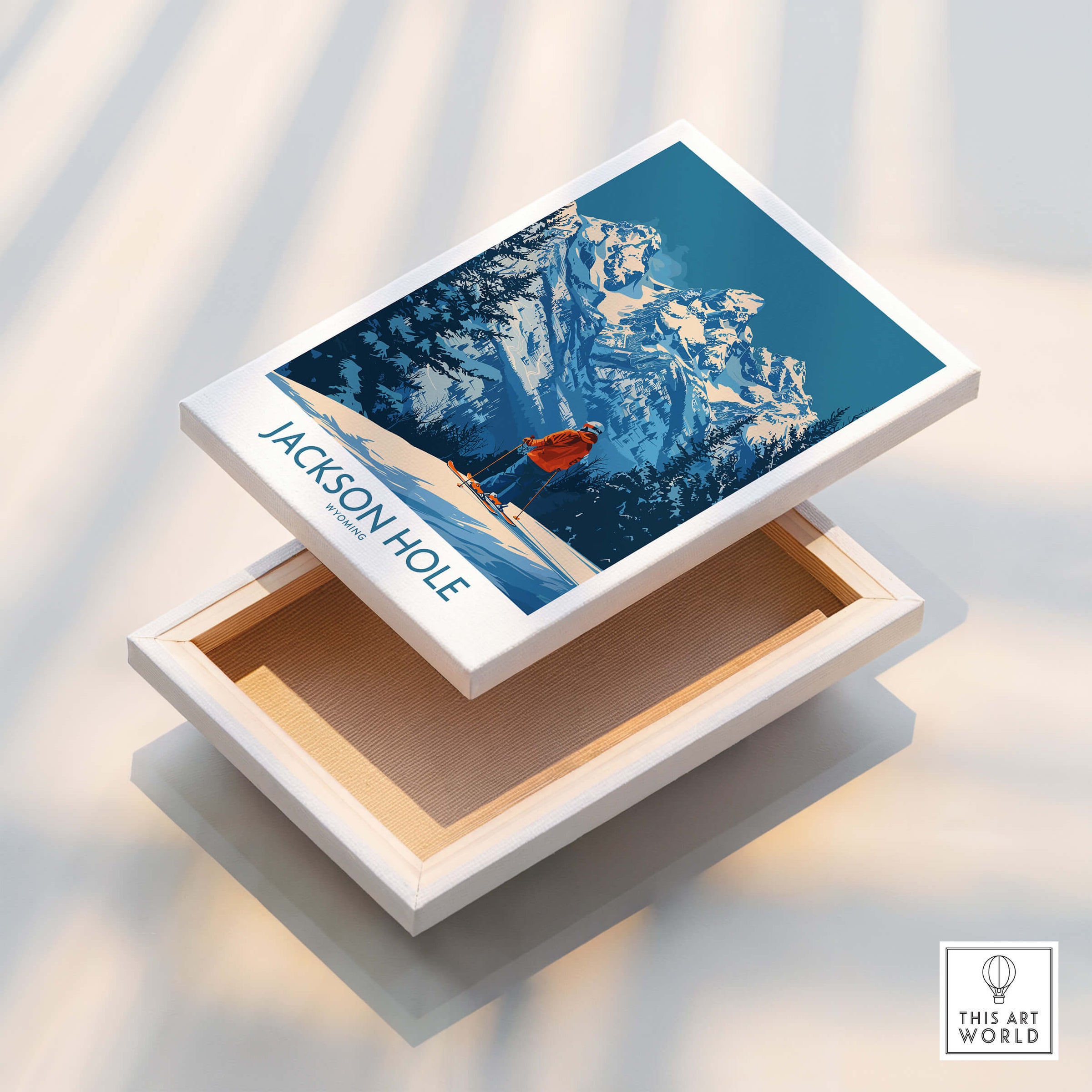 Jackson Hole Wall Art - Wyoming showcasing a skier against a stunning mountain backdrop in a stylish presentation box.