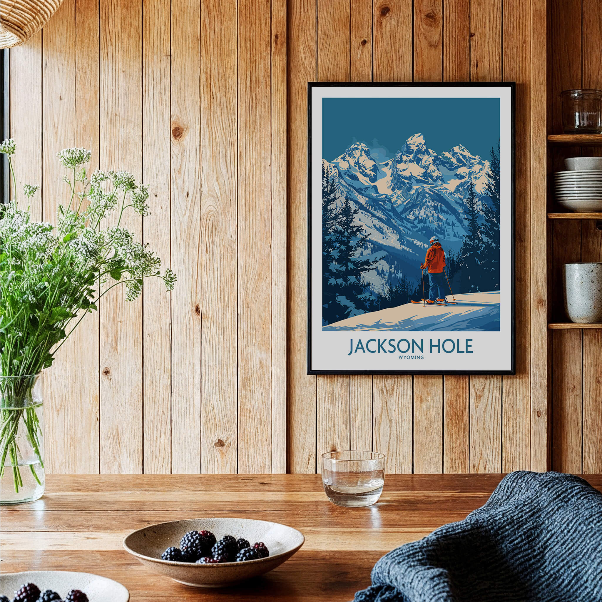 Jackson Hole Wall Art - Wyoming showcasing a skier amidst mountains, perfect for outdoor adventure inspiration.