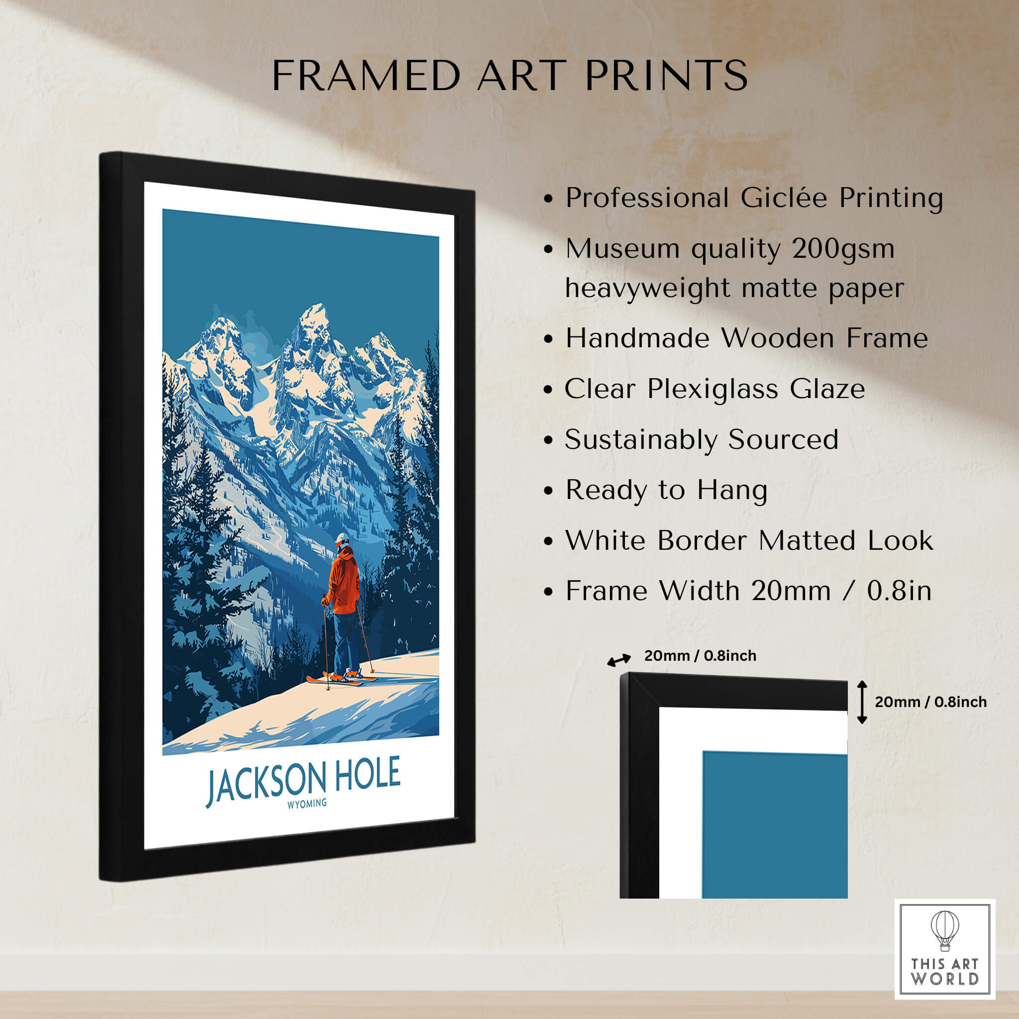 Jackson Hole Wall Art - Wyoming framed print showcasing snowy mountains and a skier, perfect for home decor.