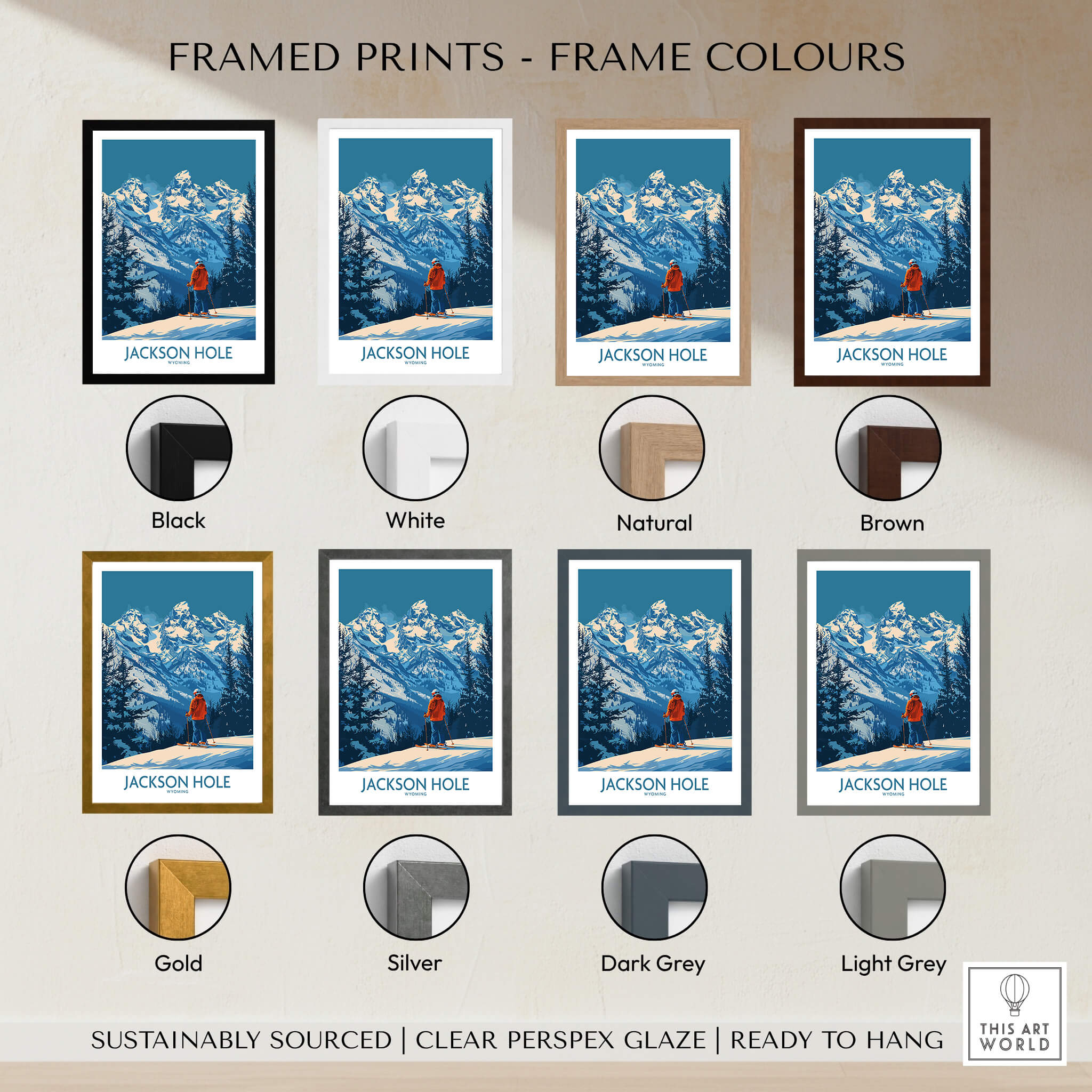 Framed prints of Jackson Hole Wall Art - Wyoming in various frame colors including black, white, natural, and brown.