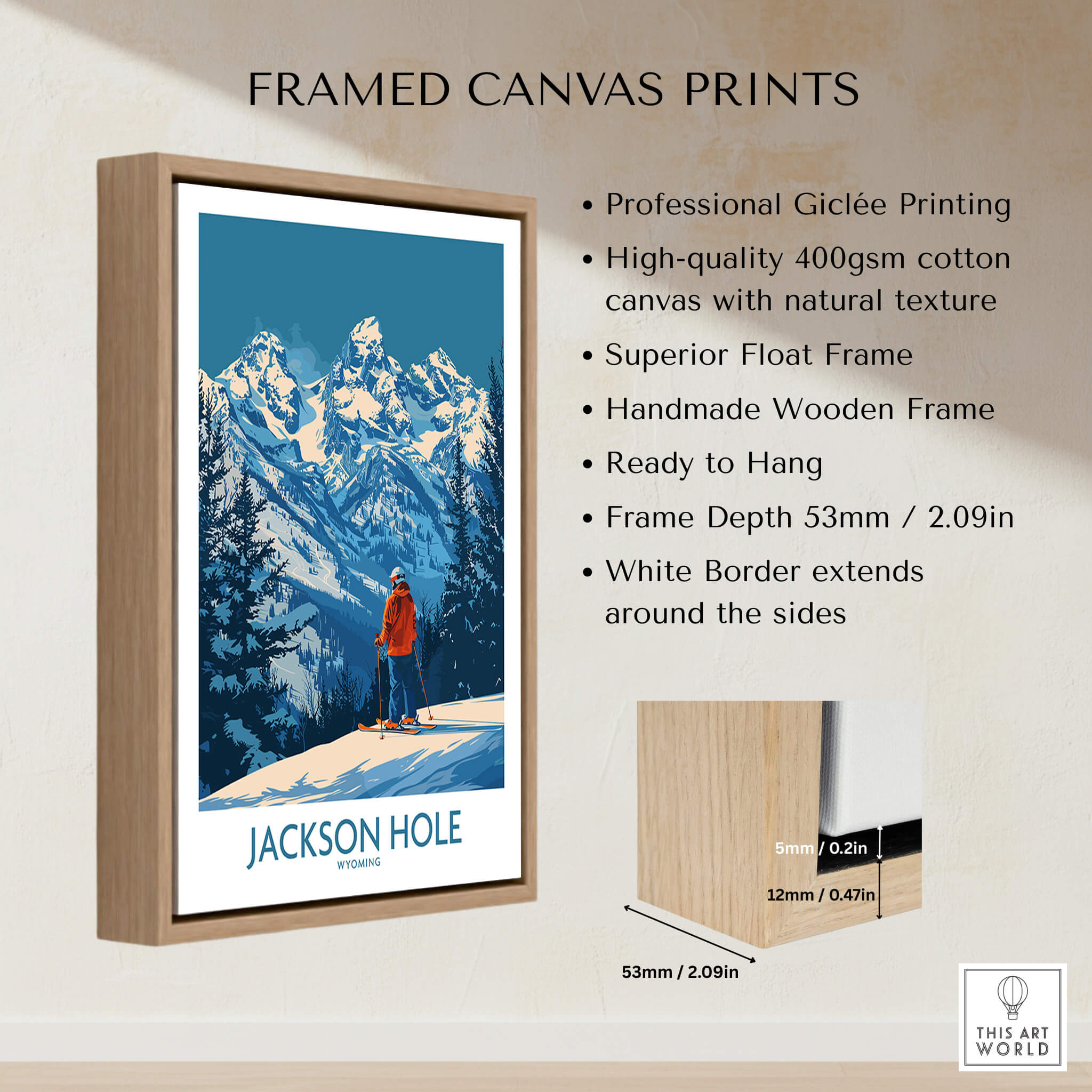 Jackson Hole Wall Art - Wyoming framed canvas print showcasing rugged mountain landscape ready to hang.