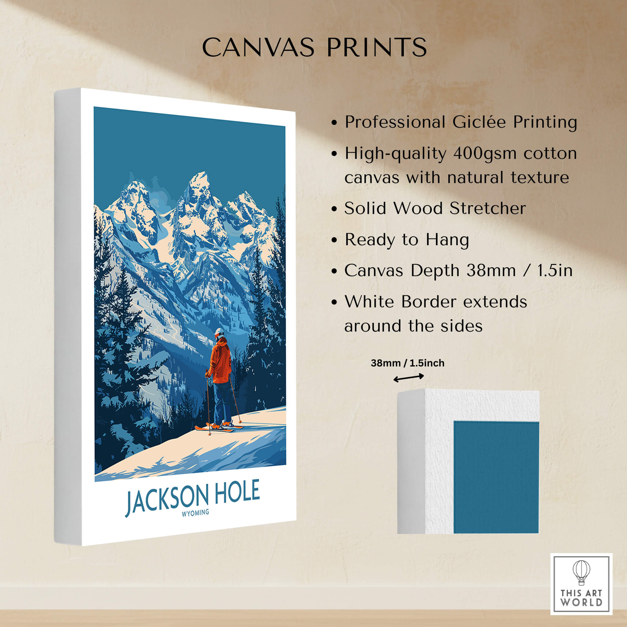 Jackson Hole Wall Art - Wyoming showcasing a skier in a mountainous landscape, perfect for adventure lovers.