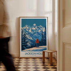 Jackson Hole Wall Art - Wyoming ski poster showcasing stunning mountains and a skier in a rustic setting.