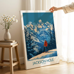 Jackson Hole Wall Art - Wyoming featuring a ski poster of majestic mountains and a skier in Jackson Hole.