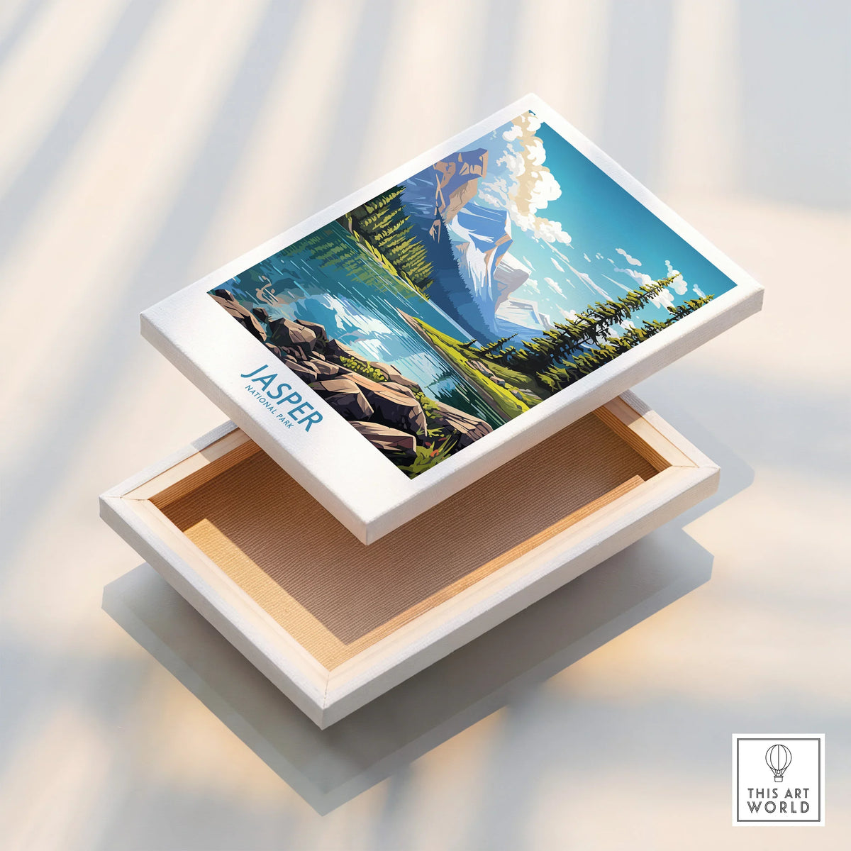 Jasper National Park canvas print with lake, mountains, and pine forest, floating framed detail
