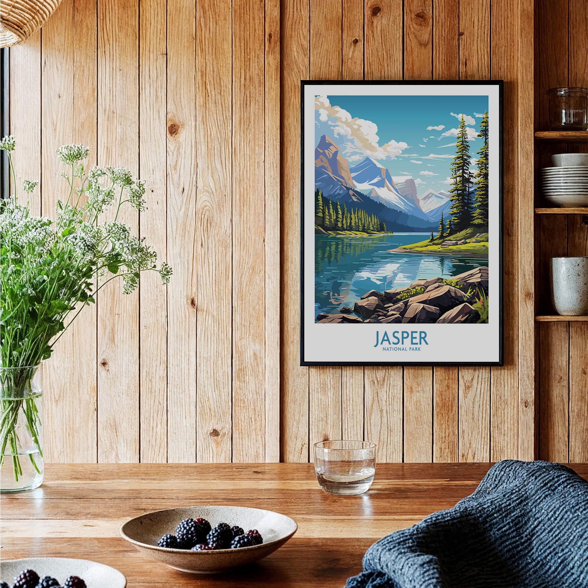 Jasper National Park art print framed on wooden kitchen wall with berries and flowers on table