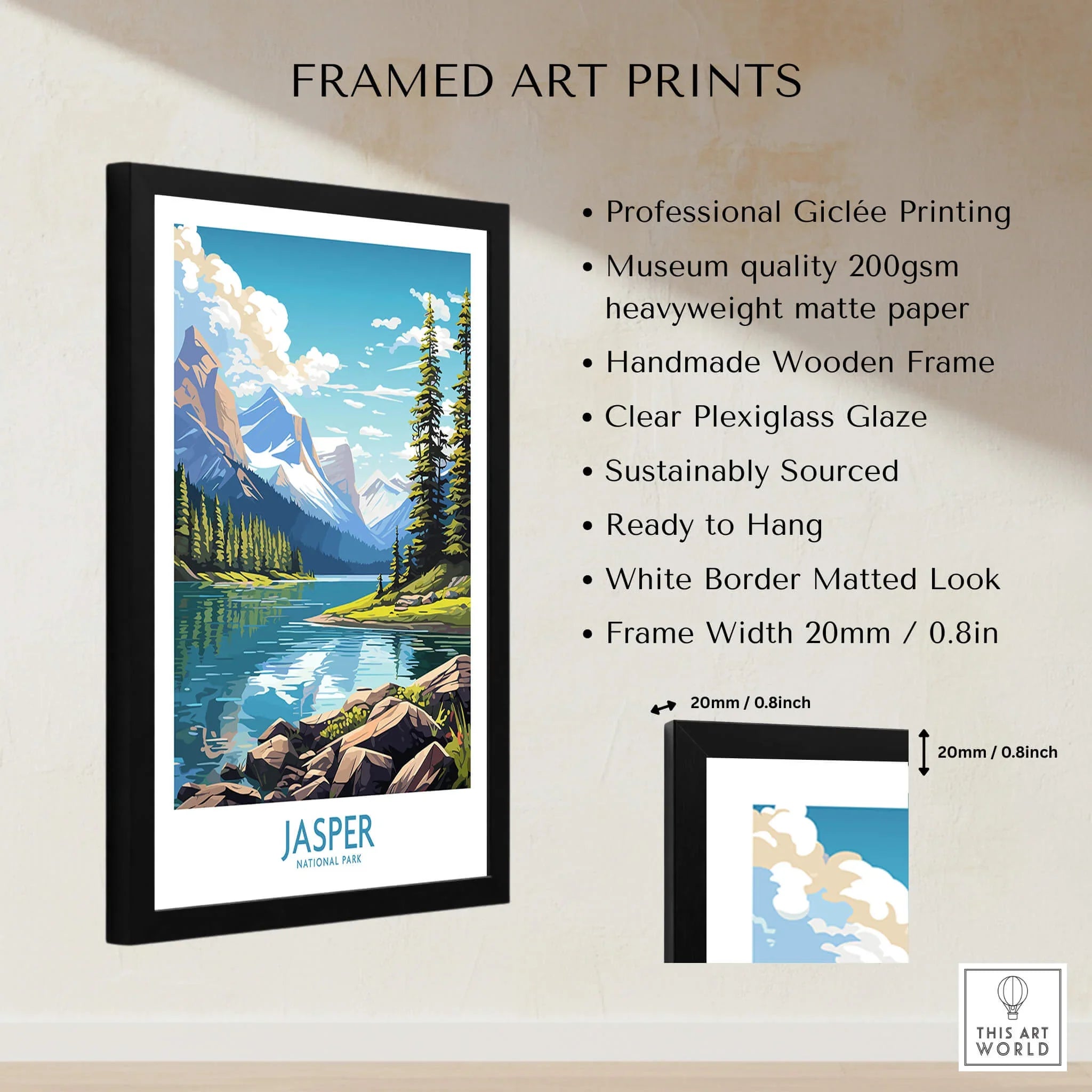 Framed Jasper National Park art print with mountain lake landscape and print quality details.
