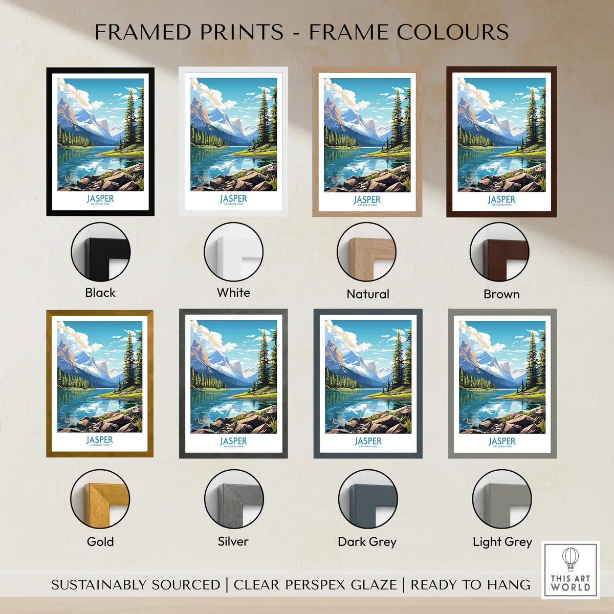 Jasper National Park framed art print with eight different modern frame color options