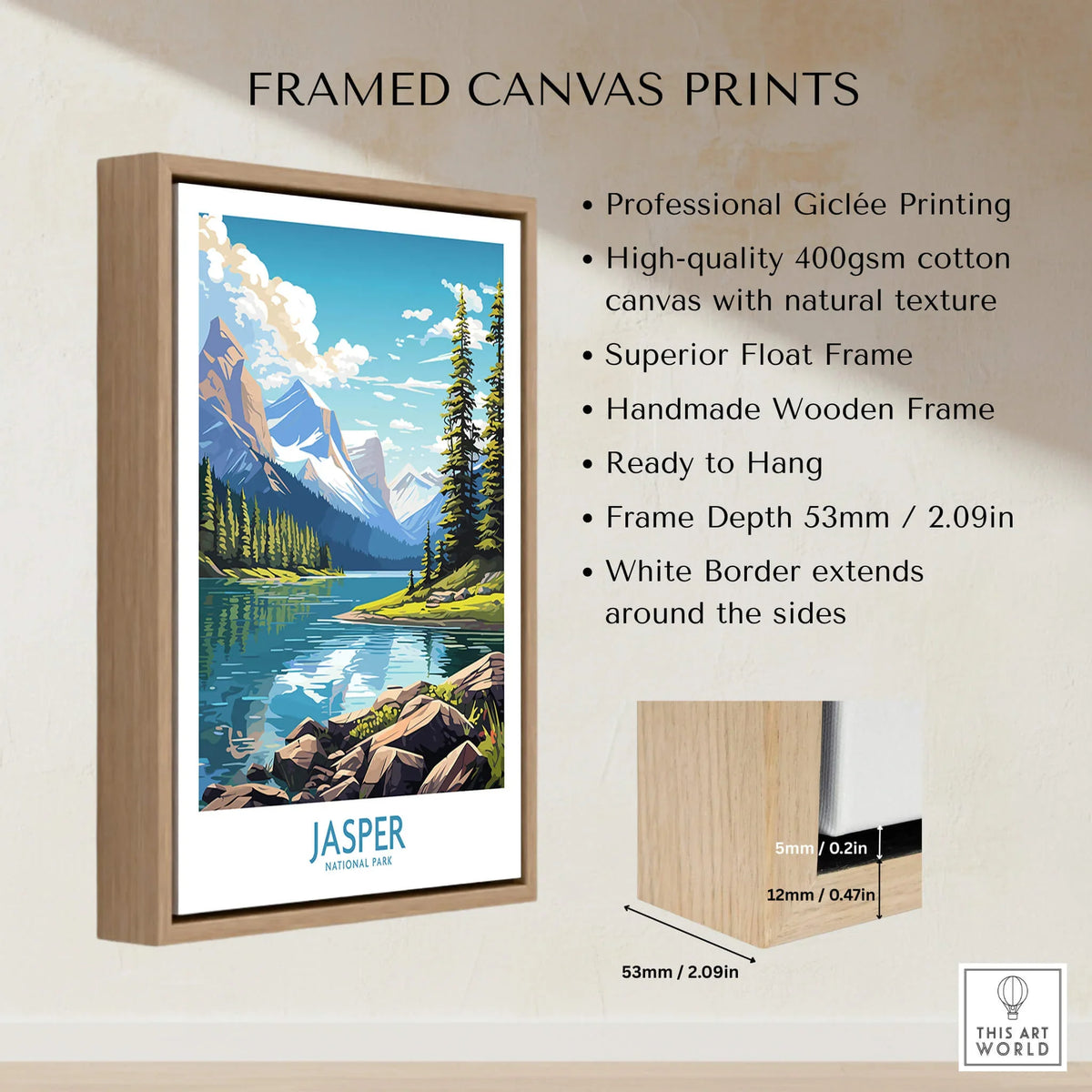 Framed Jasper National Park canvas print with float frame and mountain lake artwork