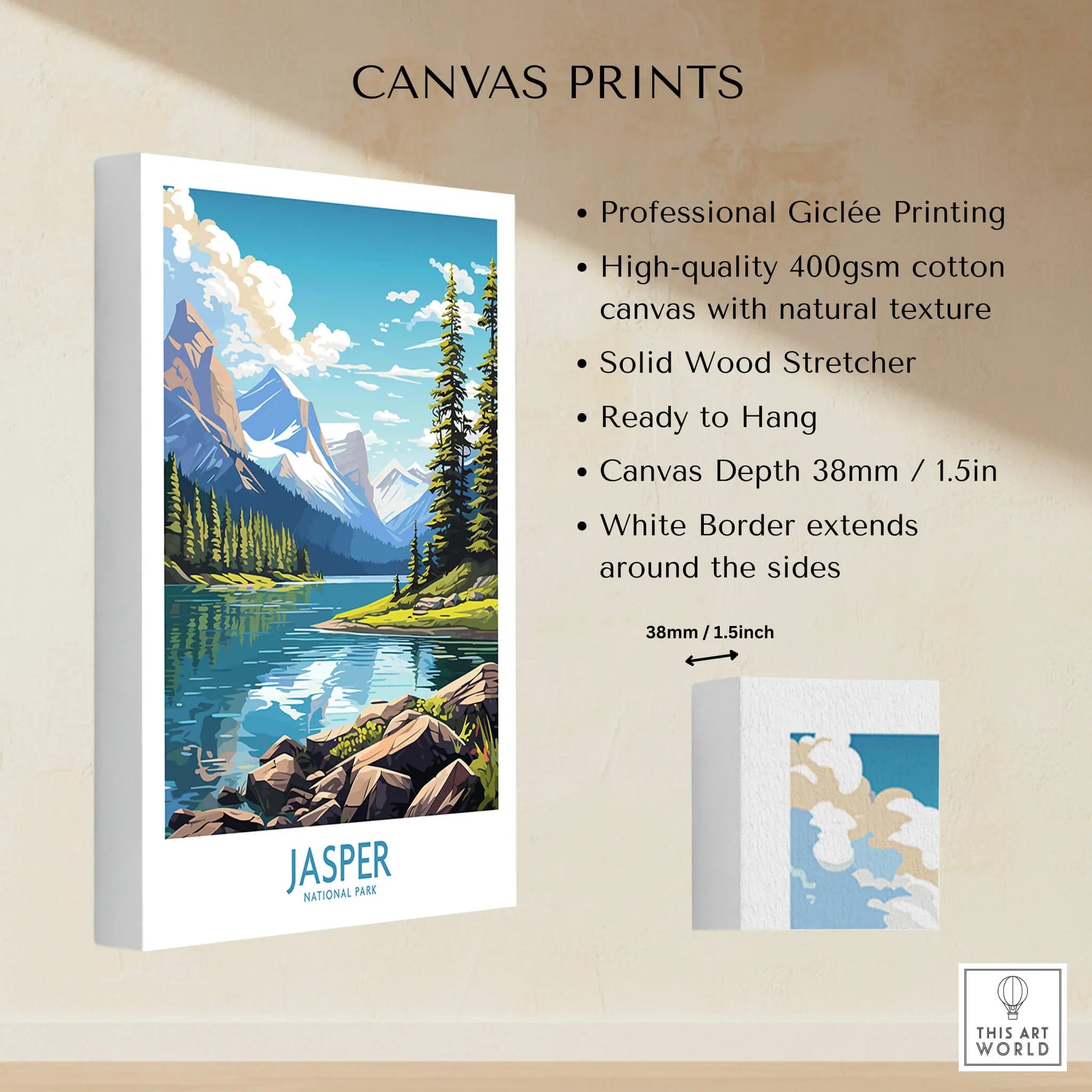 Jasper National Park canvas wall art showing mountains, pine trees, lake, and product details