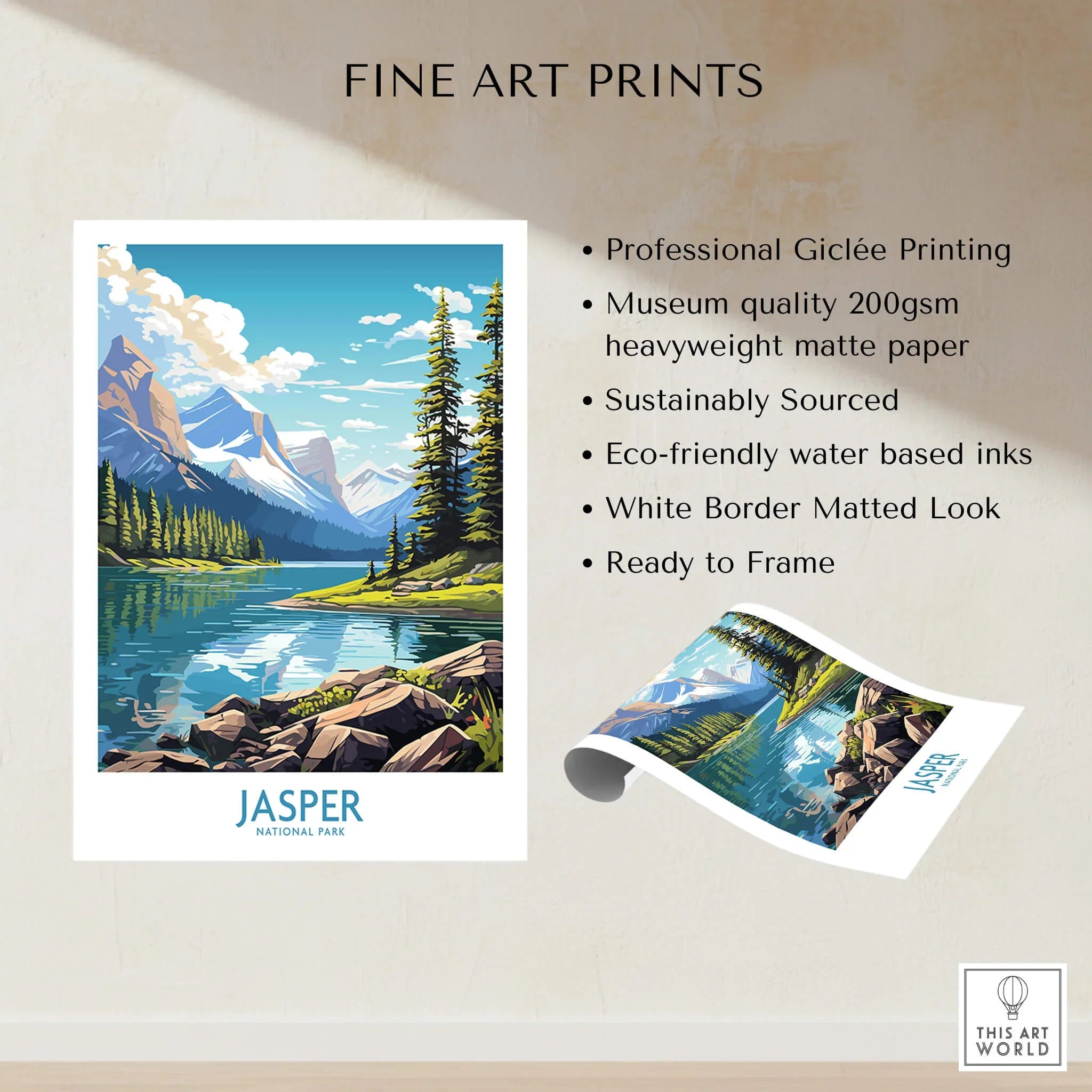 Jasper National Park fine art print with mountain landscape on heavyweight matte paper.