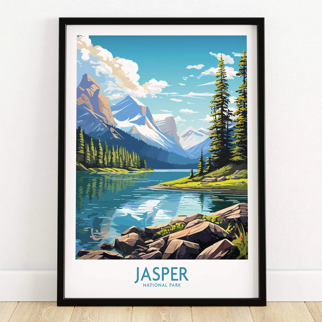 Jasper National Park art print in black frame, mountain and lake landscape on wooden floor