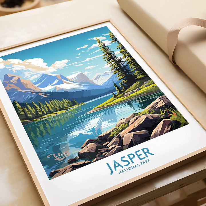 Jasper National Park framed art print with lake, pine trees, and mountains, unwrapped as a gift