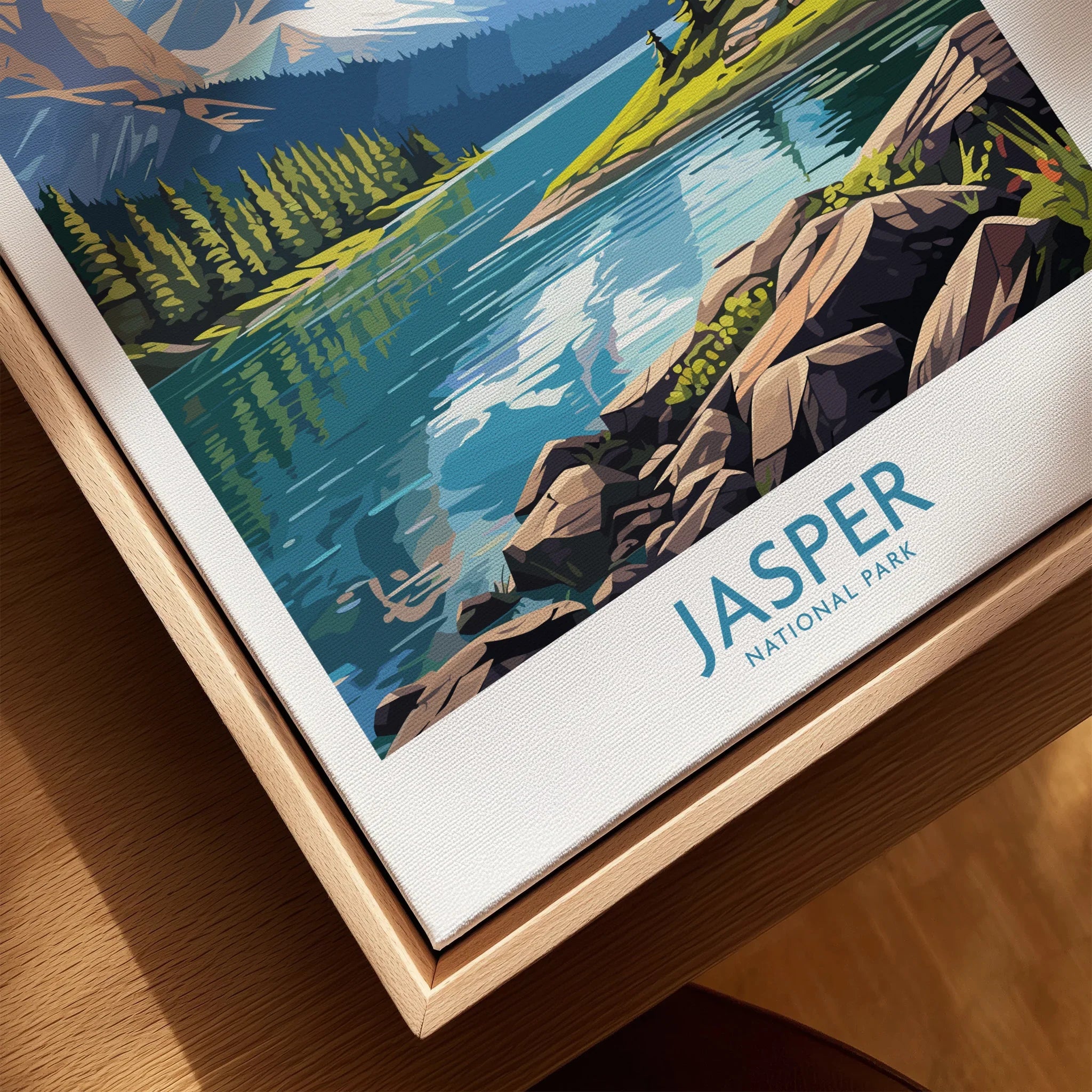 Jasper National Park print with lake, mountains, and forest in a natural wood floating frame