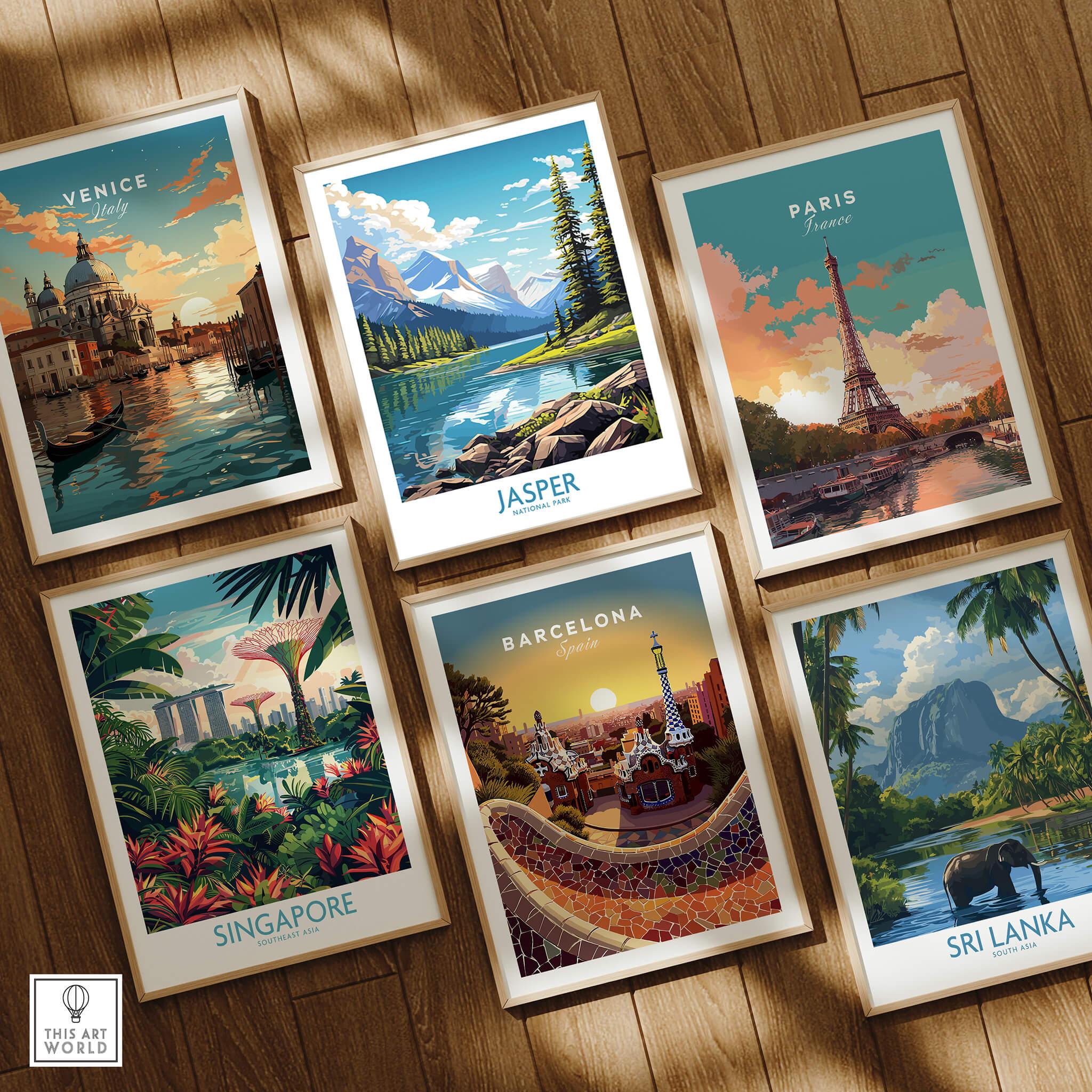 Set of six framed travel posters featuring Venice, Paris, Jasper National Park, Singapore, Barcelona, and Sri Lanka on a wooden floor.