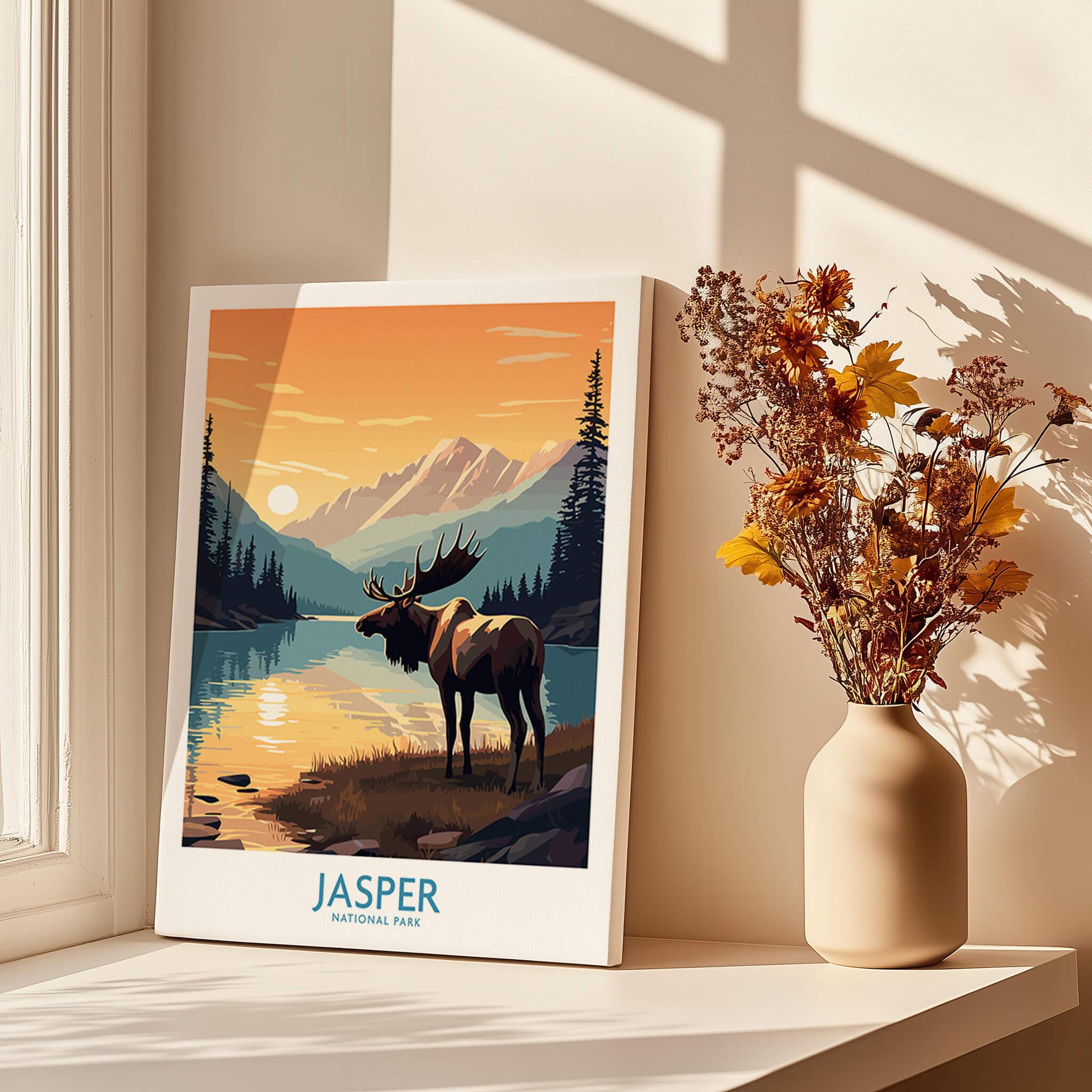 Jasper National Park art print with moose, mountain sunset, and lake on a sunlit windowsill