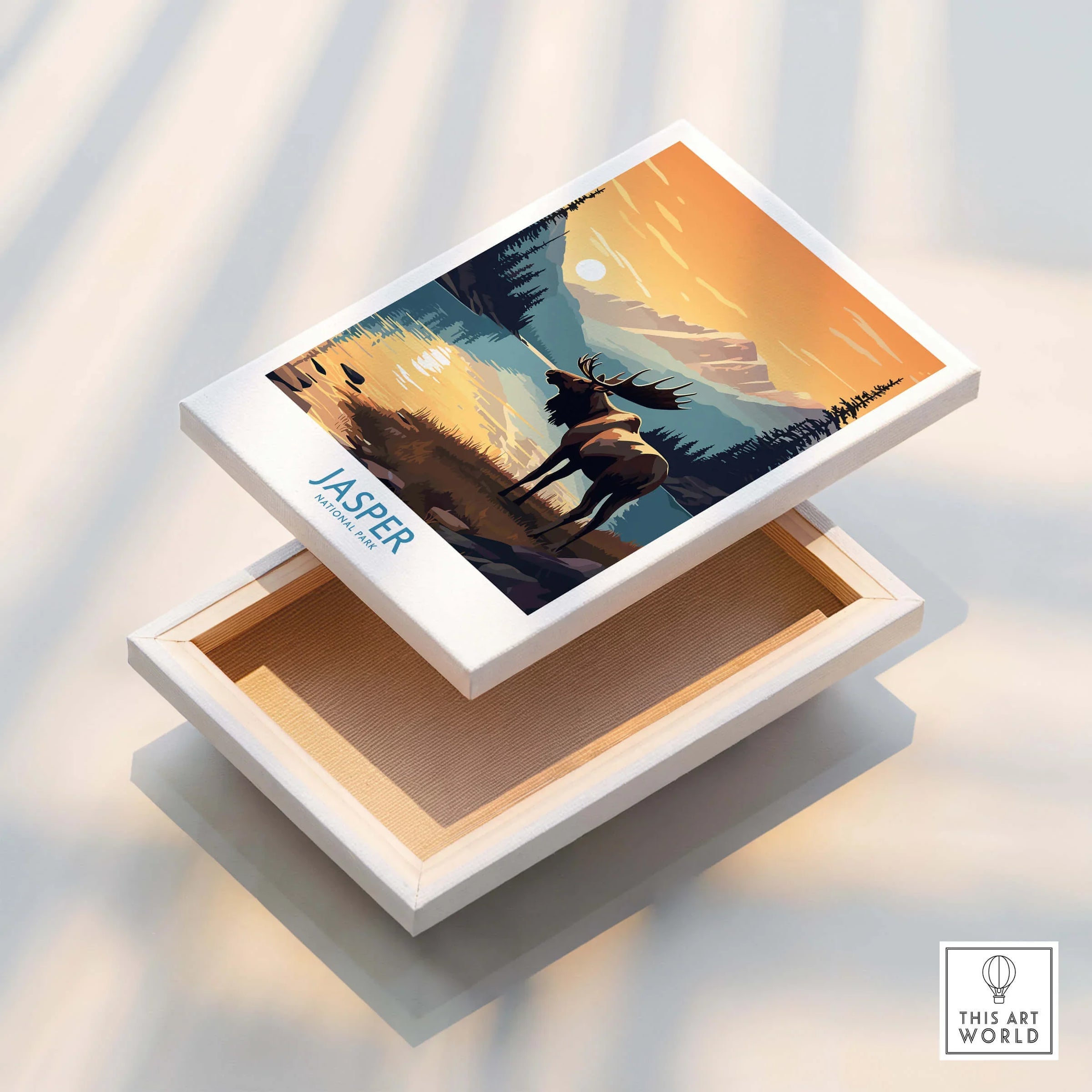Jasper National Park canvas print featuring elk, mountain sunset, floating frame detail