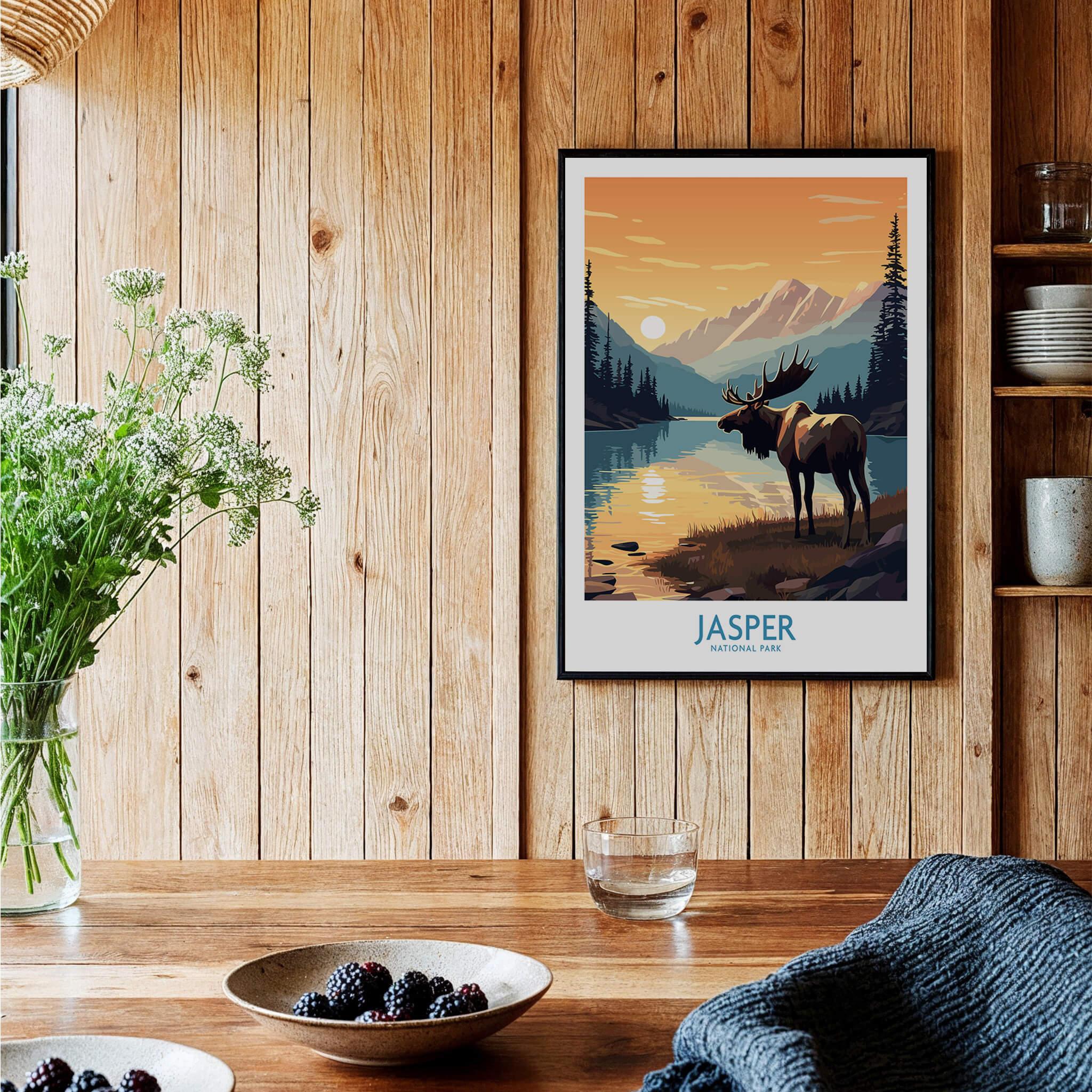 Framed Jasper National Park art print with moose in mountain landscape, hanging in cozy kitchen