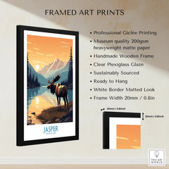 Framed Jasper National Park art print with moose, mountains, and lake, product details listed.