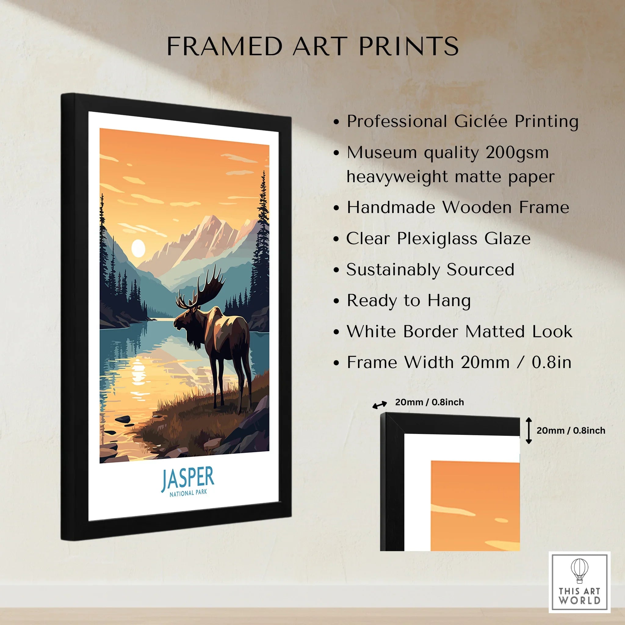 Framed Jasper National Park art print with moose, mountains, and lake, product details listed.