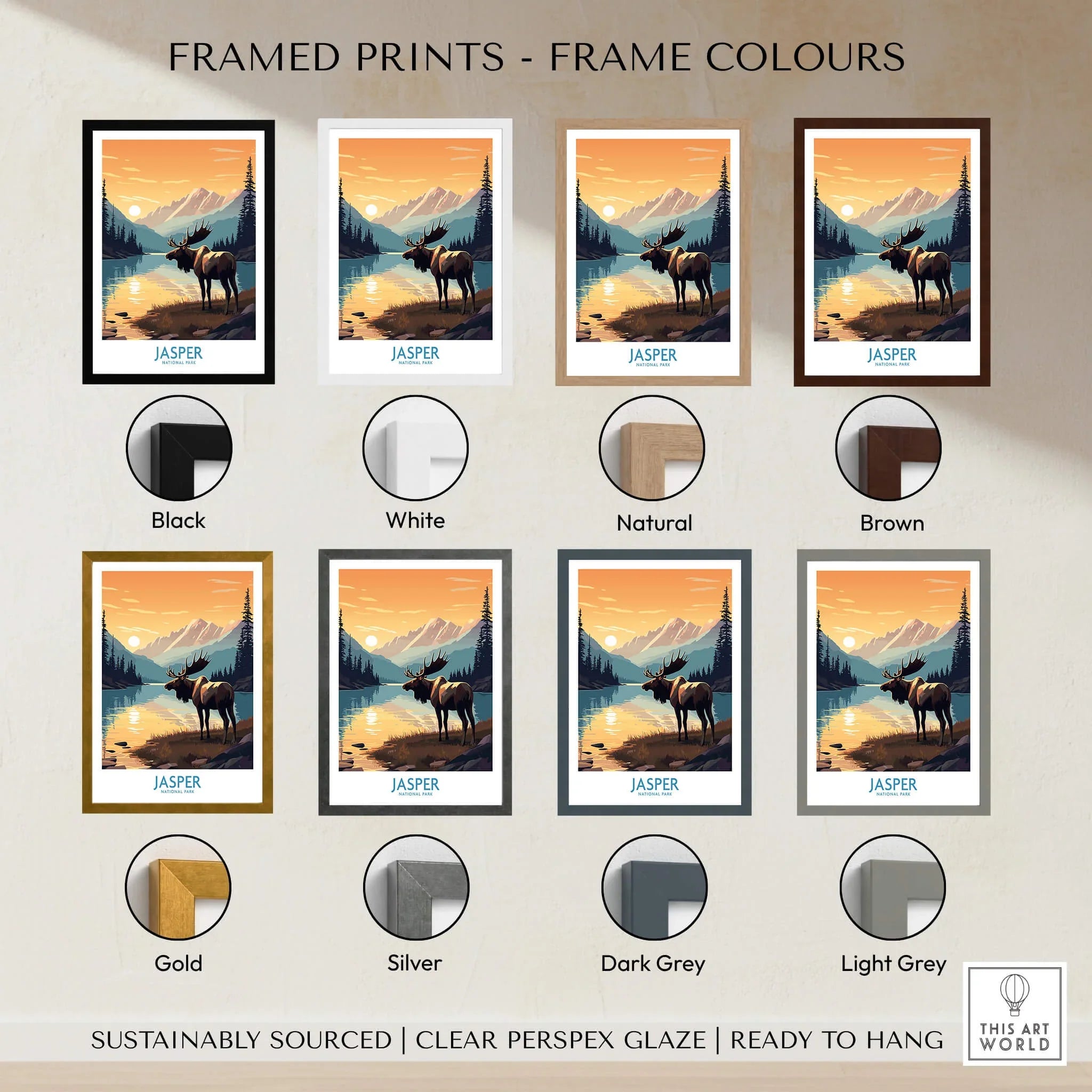 Jasper National Park moose art print with eight frame color options, including black, white, natural, brown, gold, silver, dark grey, and light grey.