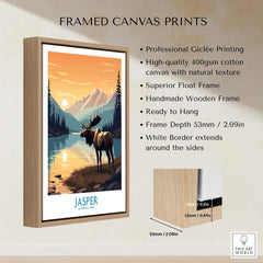 Framed Jasper National Park canvas print with moose, mountains, and float wooden frame