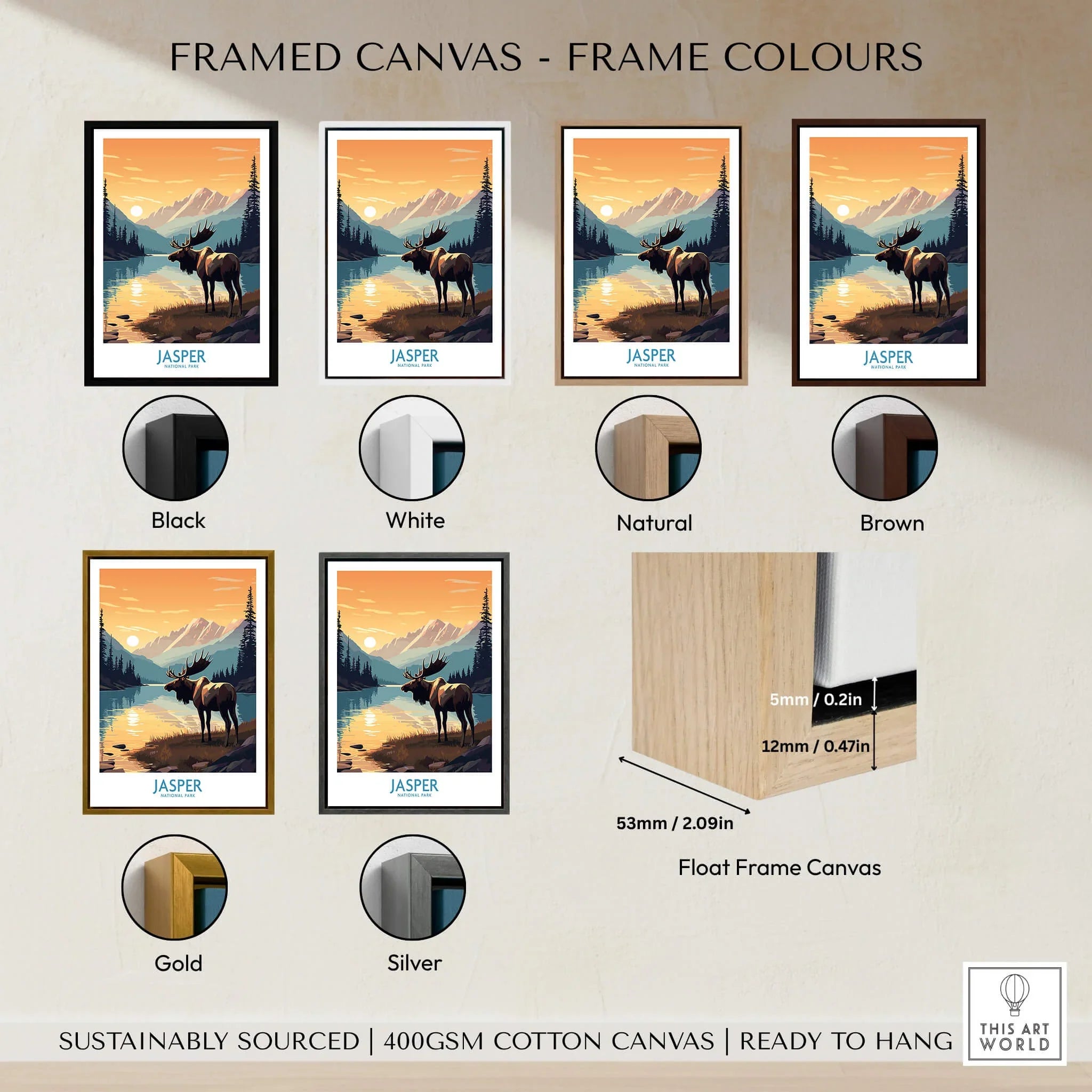 Jasper National Park print with moose in six frame color options on canvas, wall art decor