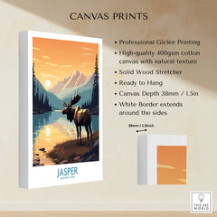 Jasper National Park canvas print featuring a moose by a lake with mountains at sunset.