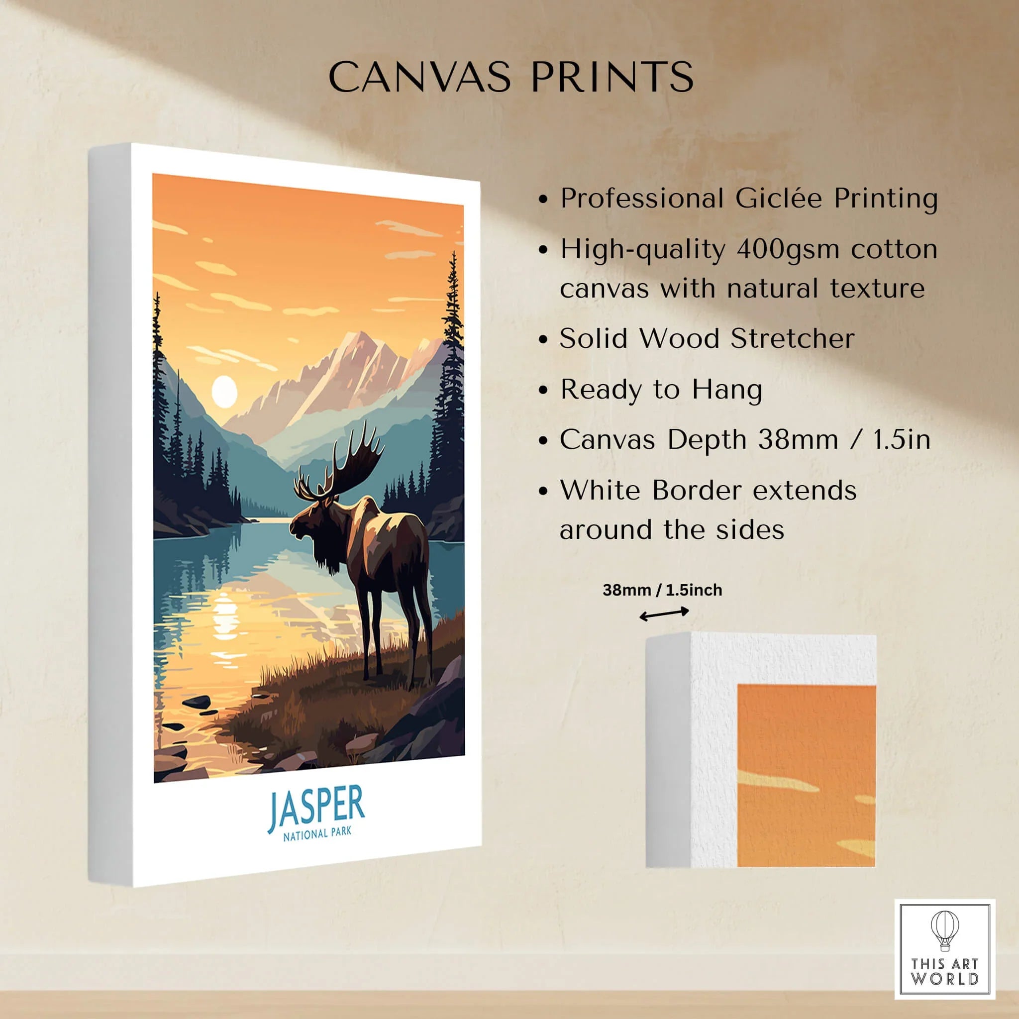 Jasper National Park canvas print featuring a moose by a lake with mountains at sunset.