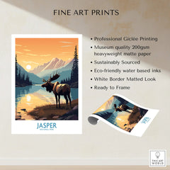 Jasper National Park fine art print featuring a moose by a mountain lake at sunset, unframed.