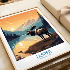 Jasper National Park art print with moose by lake at sunrise in a natural wood frame