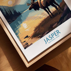 Jasper National Park art print with moose by a lake, in natural wood floating frame