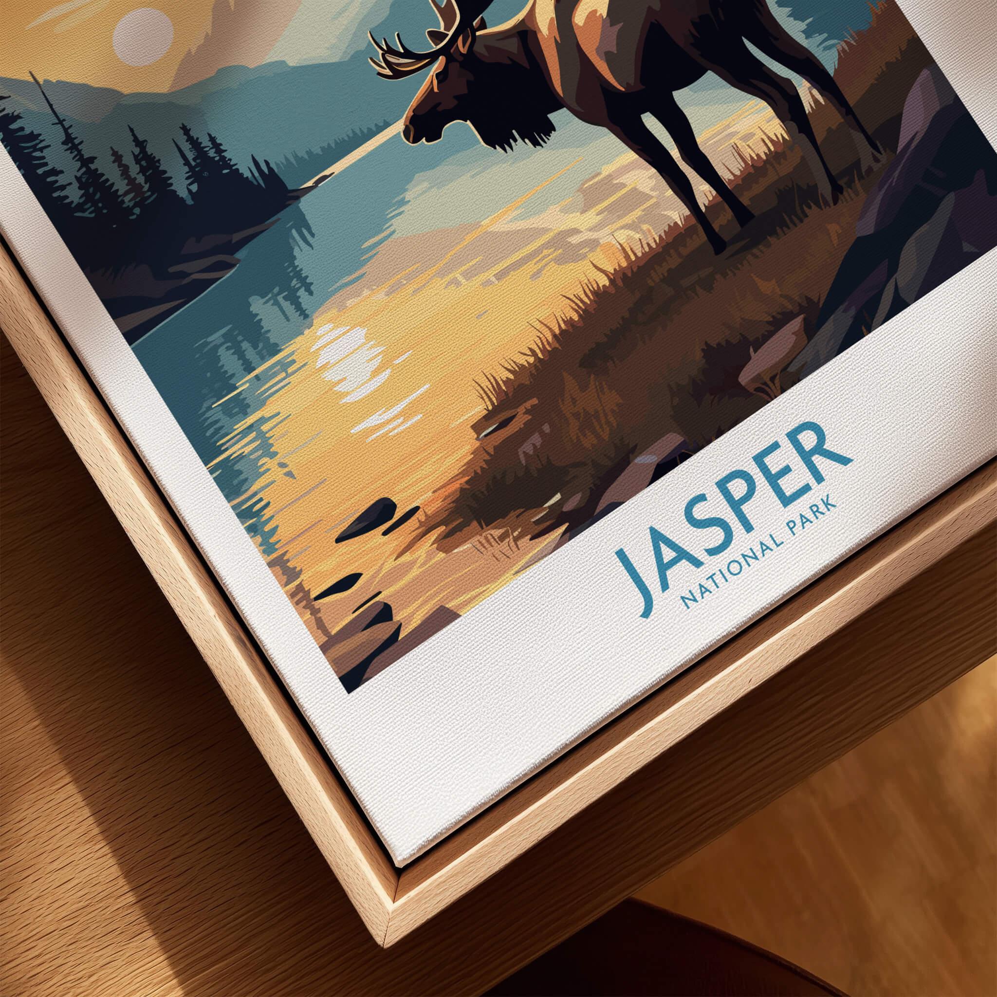 Jasper National Park art print with moose by a lake, in natural wood floating frame