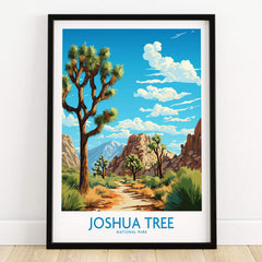 Joshua Tree Print featuring a vibrant depiction of Joshua Tree National Park landscape with blue skies and desert scenery.