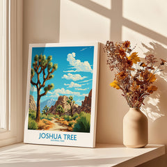 Joshua Tree Print featuring a vibrant desert landscape with a Joshua tree and mountains, perfect for home decor.