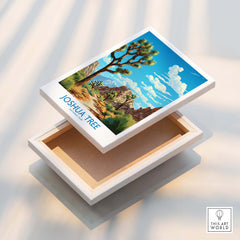 Joshua Tree Print showcasing a desert landscape, vibrant colors, and a detailed illustration in a box.