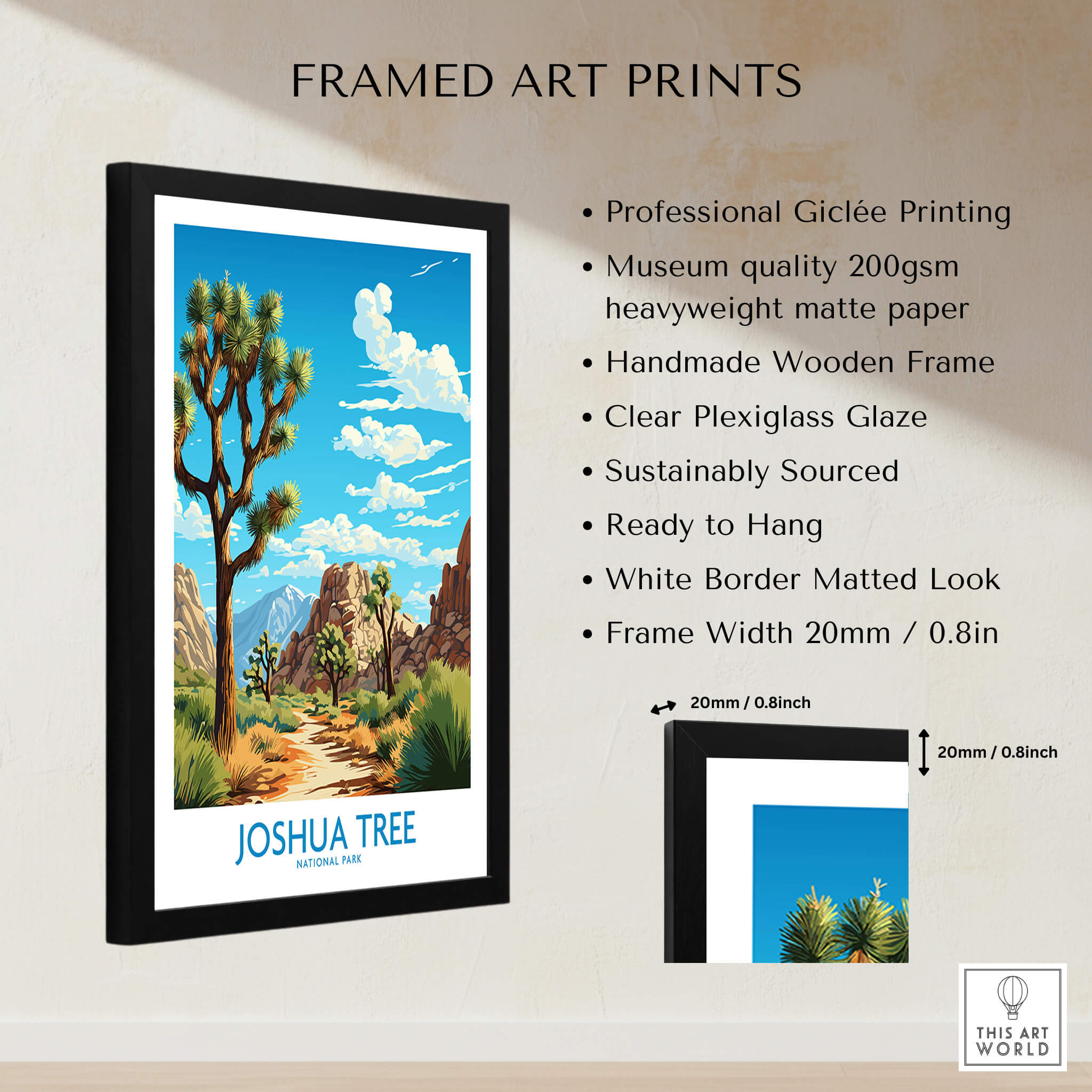 Framed Joshua Tree Print featuring professional Giclée printing and handmade wooden frame, ready to hang in any space.