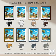 Framed Joshua Tree Print options showing frame colors: Black, White, Natural, Brown, Gold, Silver, Dark Grey, Light Grey.