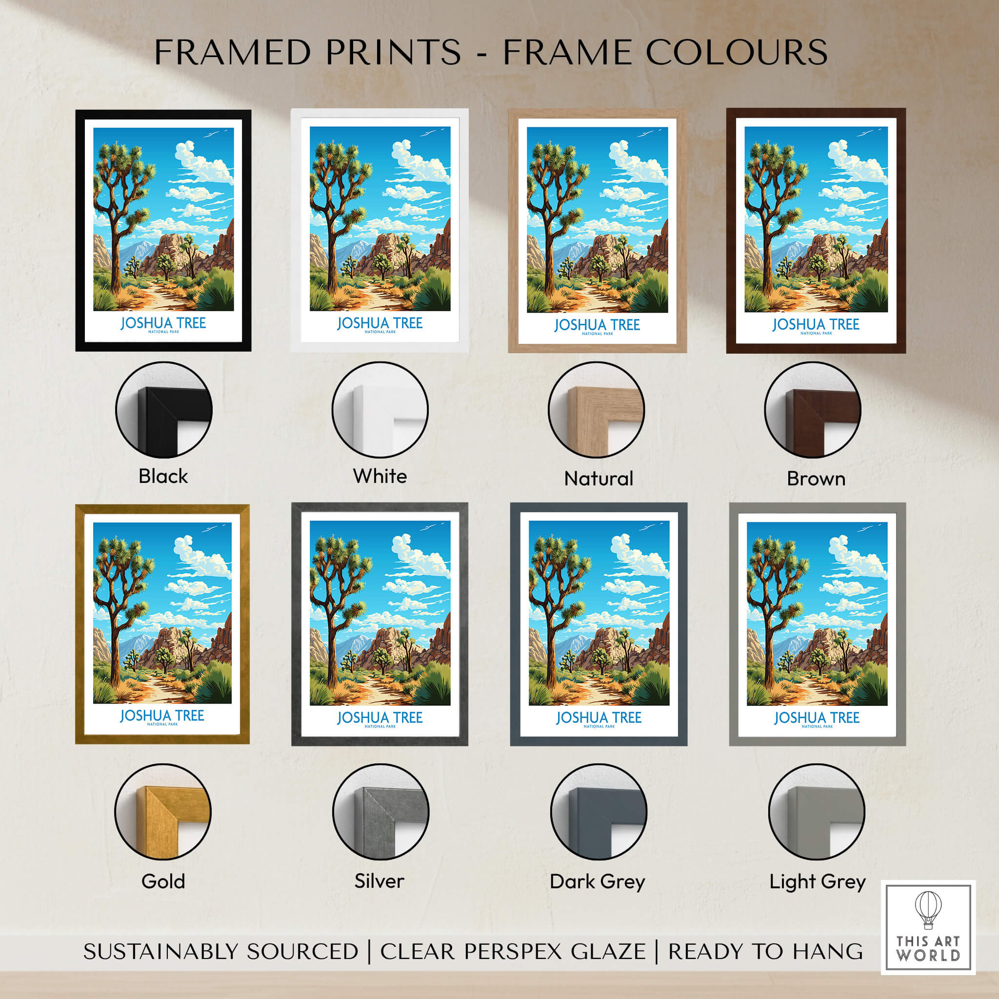 Framed Joshua Tree Print options showing frame colors: Black, White, Natural, Brown, Gold, Silver, Dark Grey, Light Grey.