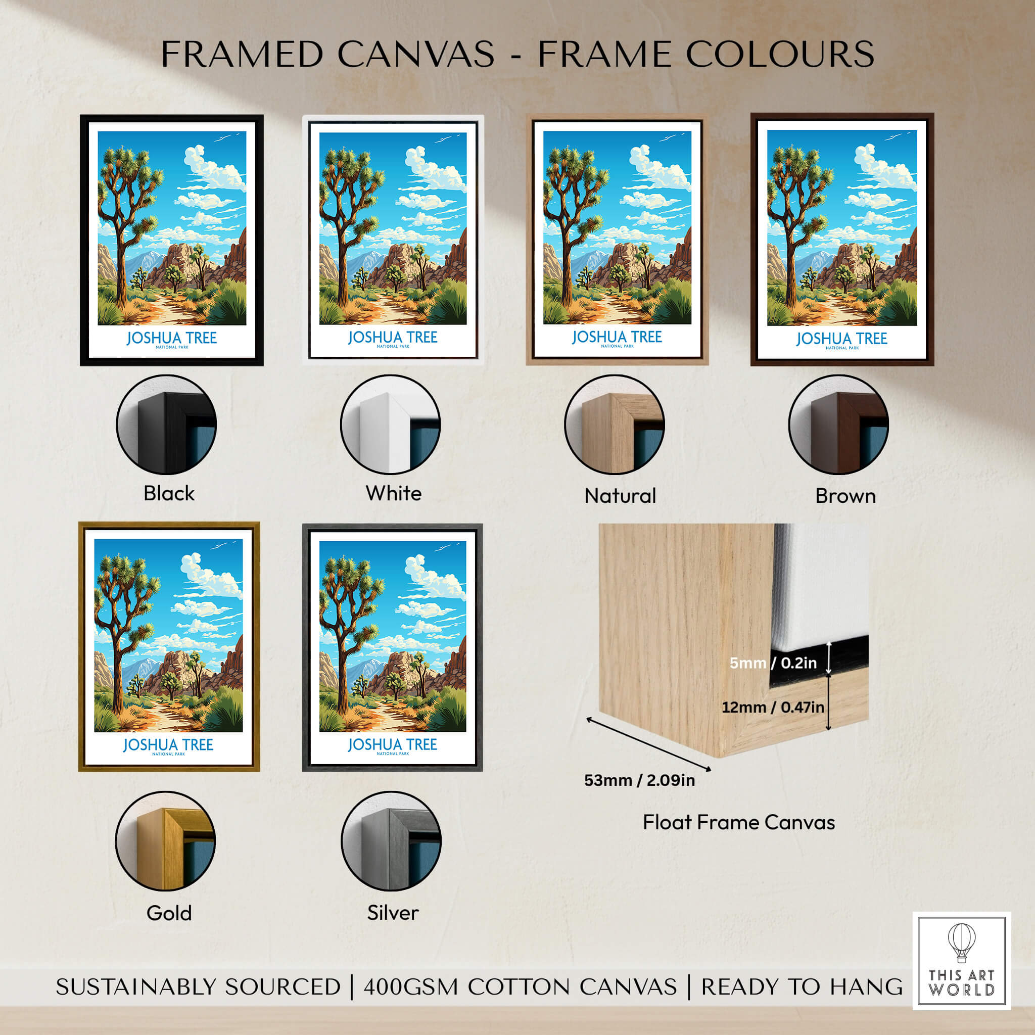 Framed Joshua Tree Print options in various frame colors, showcasing the beauty of the California desert.