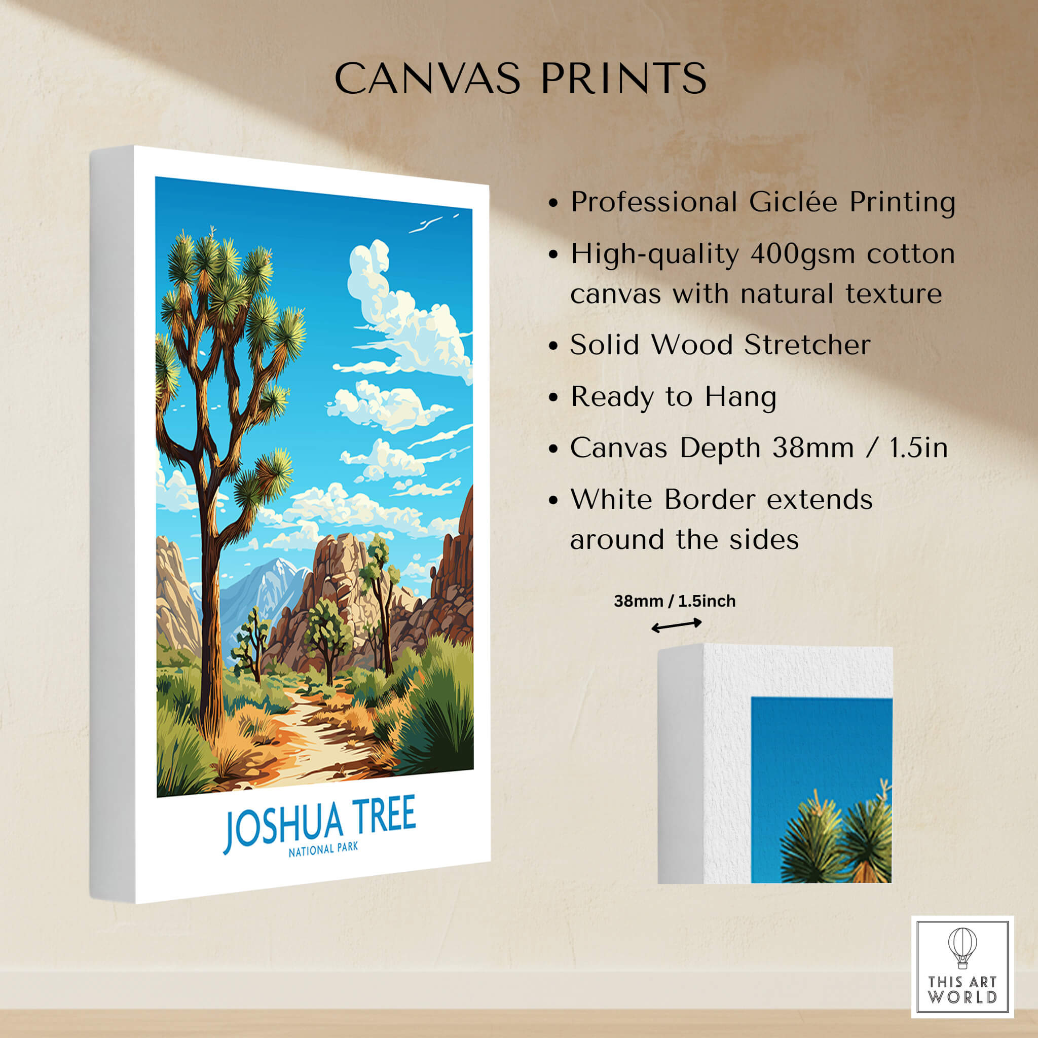Joshua Tree Print featuring professional Giclée printing on high-quality cotton canvas with solid wood stretcher.