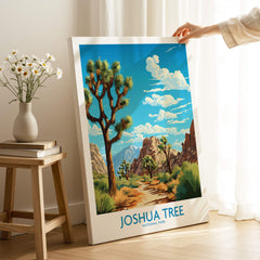 Joshua Tree Print featuring a colorful illustration of Joshua trees and desert scenery in a stylish interior setting.
