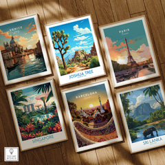 Collection of travel posters featuring Joshua Tree Print, Venice, Paris, Barcelona, Singapore, and Sri Lanka.