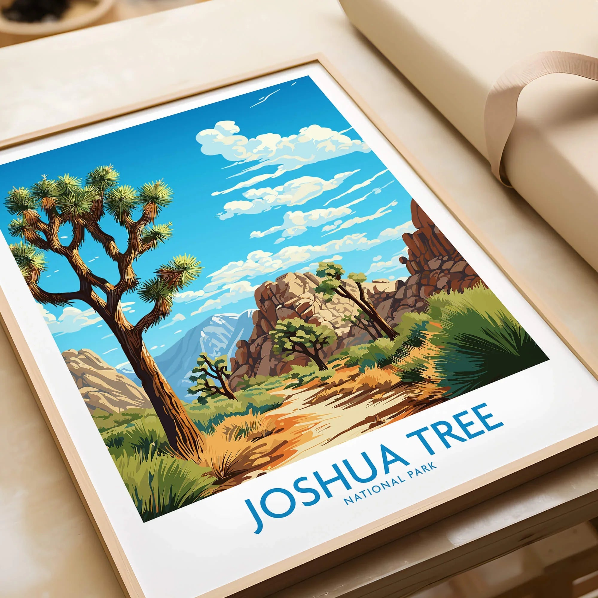 Framed Joshua Tree National Park art print with desert landscape and blue sky, unwrapped gift.