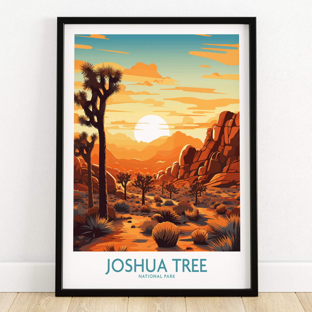Joshua Tree Wall Art Poster featuring a sunset over the desert landscape of Joshua Tree National Park.