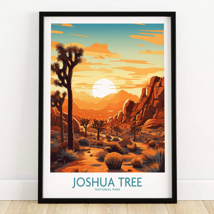 Joshua Tree Wall Art Poster featuring a sunset over the desert landscape of Joshua Tree National Park.