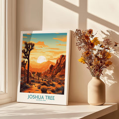 Joshua Tree Wall Art Poster featuring a stunning desert sunset with vibrant colors in a cozy home setting.