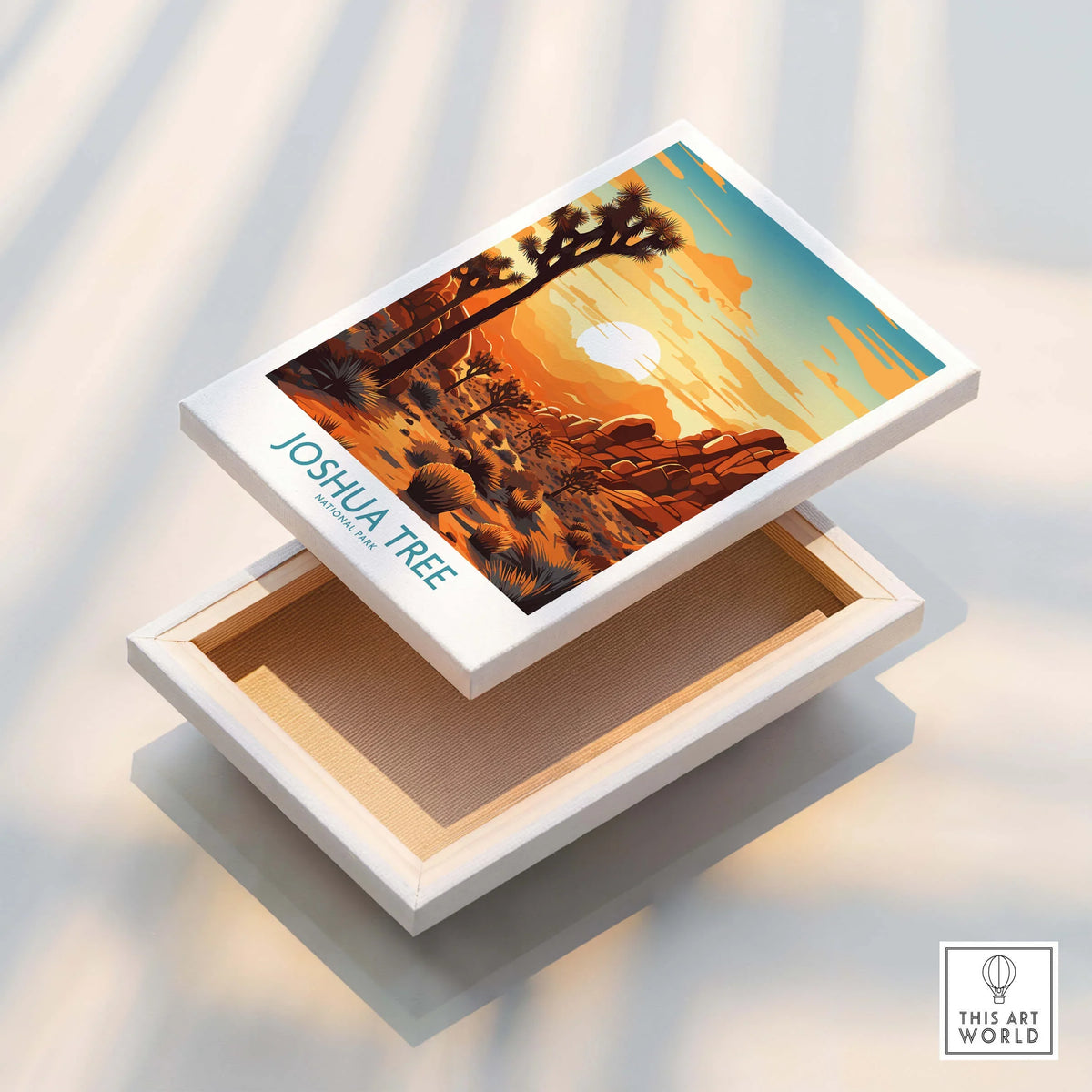 Joshua Tree Wall Art Poster displayed on a white box with sunset colors and desert landscape.